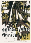 92 Neujahrsglckwunsch fr 1987 <br> Farbholzschnitt, Handreibedruck, signiert, num., gewidmet, R. Vb 62, 400 x 200 mm  1986